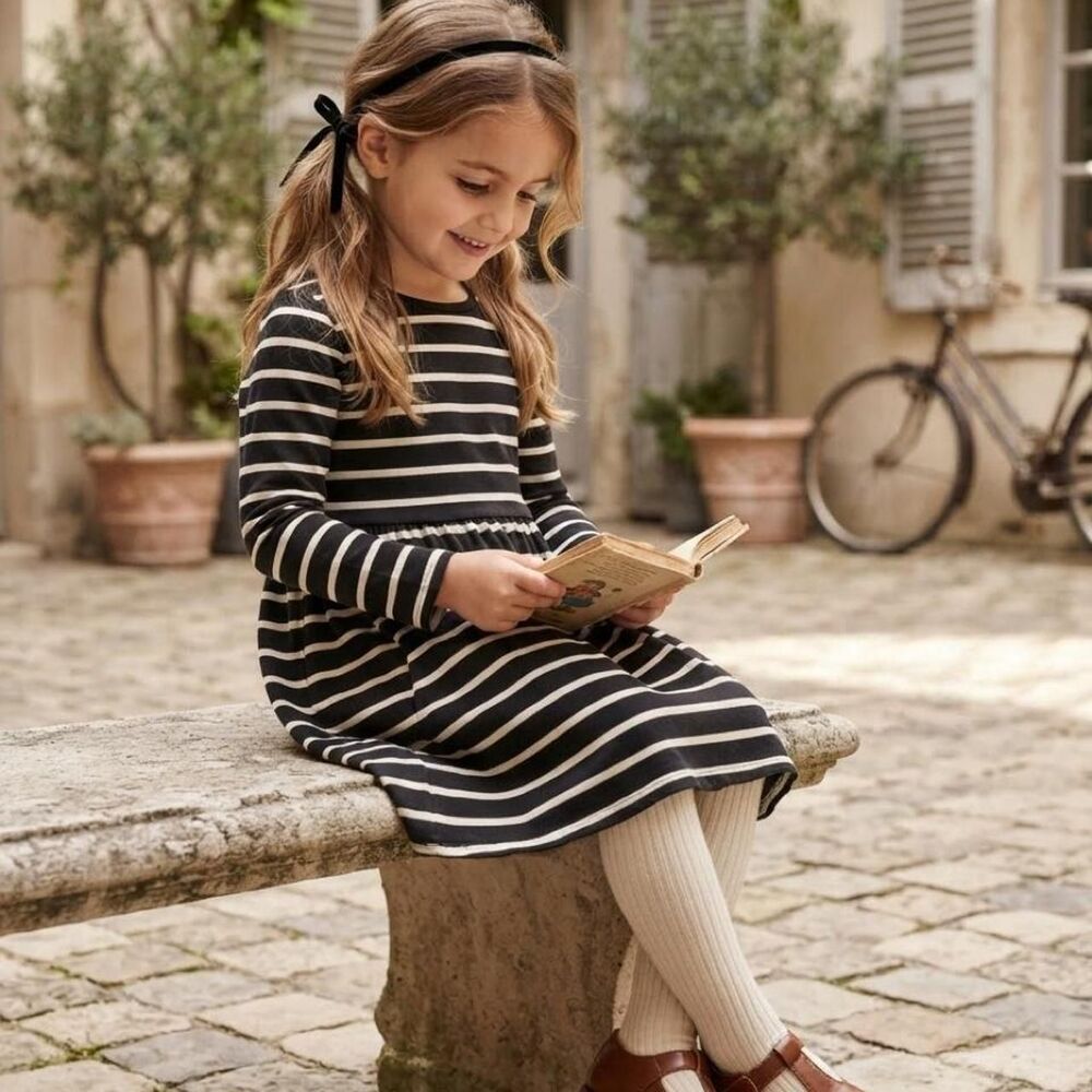 Hanna Andersson Girls Black White Striped Long Sleeve Dress Size 120 Gold Zipper